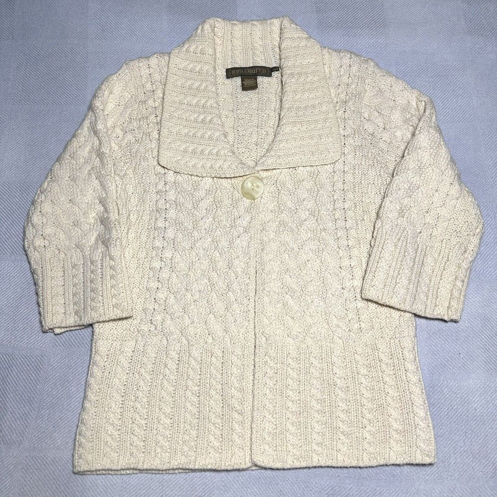 Inis Crafts Ivory Creme Merino Wool Cable Knit Cardigan Sweater Women's Sz Large